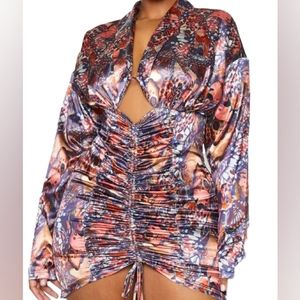 Pretty Little Thing Brown Multi Butterfly Satin Ruched Bodycon Dress, Size 22